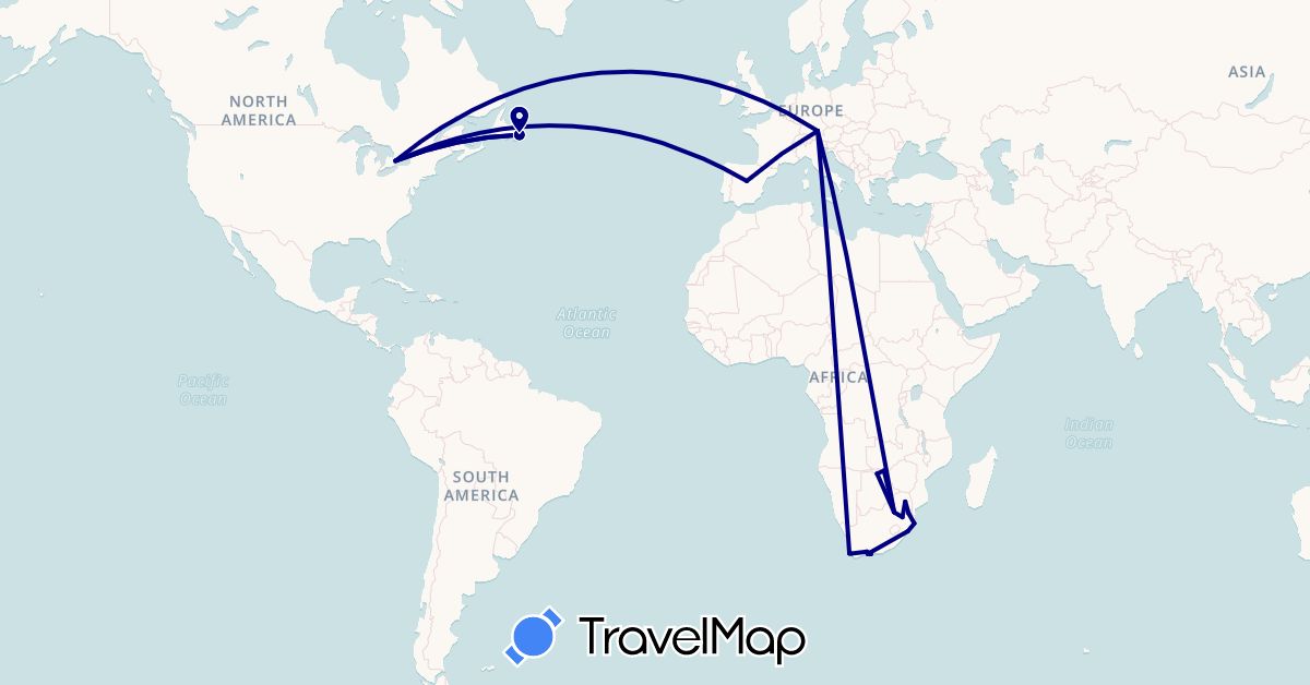 TravelMap itinerary: driving in Botswana, Canada, Germany, Spain, Swaziland, South Africa, Zimbabwe (Africa, Europe, North America)